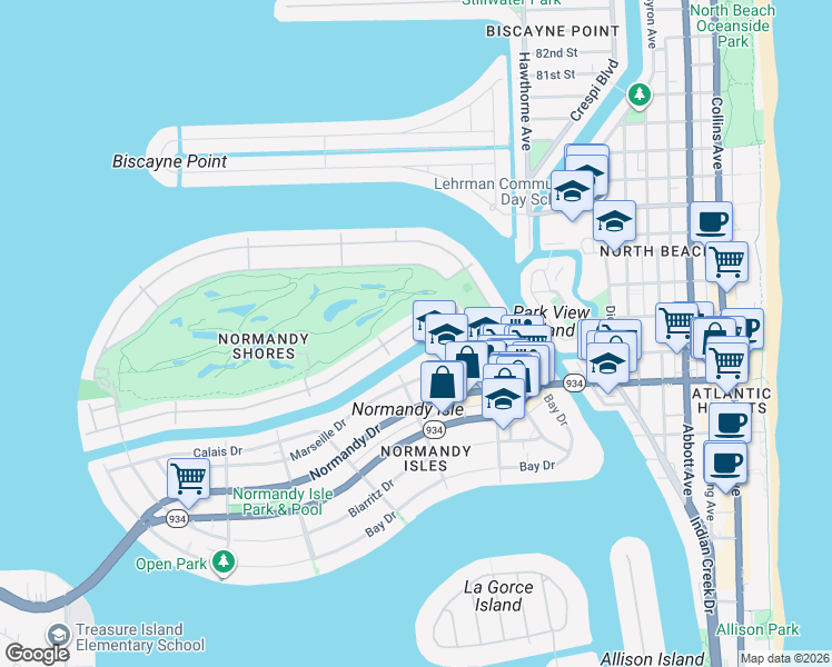 map of restaurants, bars, coffee shops, grocery stores, and more near 300 South Shore Drive in Miami Beach