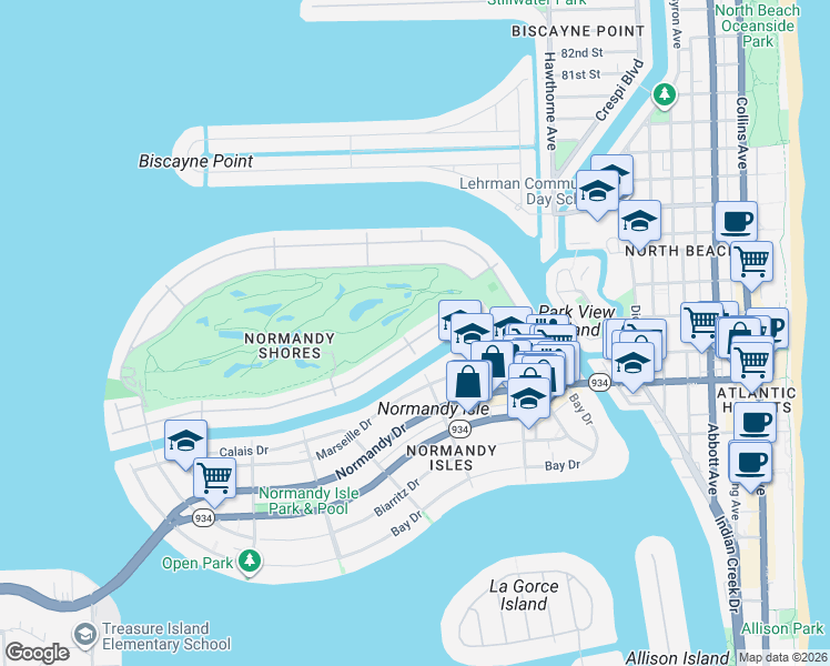 map of restaurants, bars, coffee shops, grocery stores, and more near 430 South Shore Drive in Miami Beach