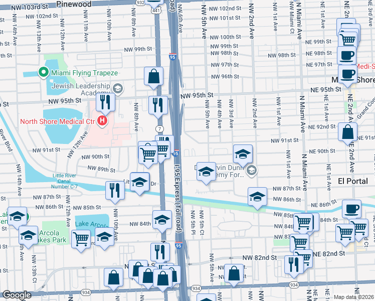 map of restaurants, bars, coffee shops, grocery stores, and more near 617 Northwest 90th Street in Miami