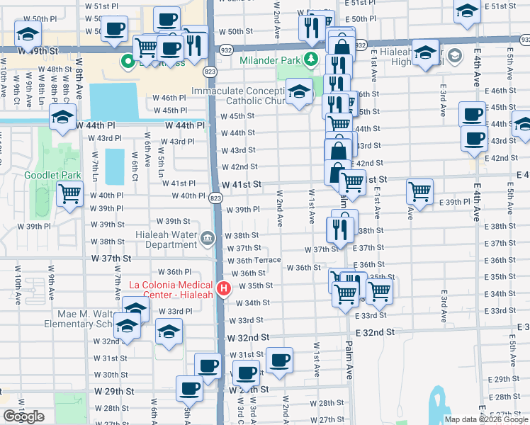 map of restaurants, bars, coffee shops, grocery stores, and more near 250 West 40th Place in Hialeah
