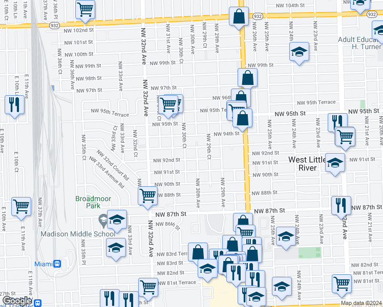 map of restaurants, bars, coffee shops, grocery stores, and more near 3039 Northwest 92nd Street in Miami