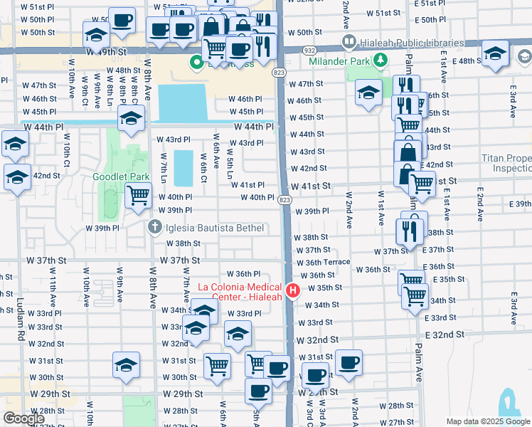 map of restaurants, bars, coffee shops, grocery stores, and more near 466 West 40th Place in Hialeah