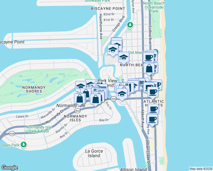 map of restaurants, bars, coffee shops, grocery stores, and more near 7300 Wayne Avenue in Miami