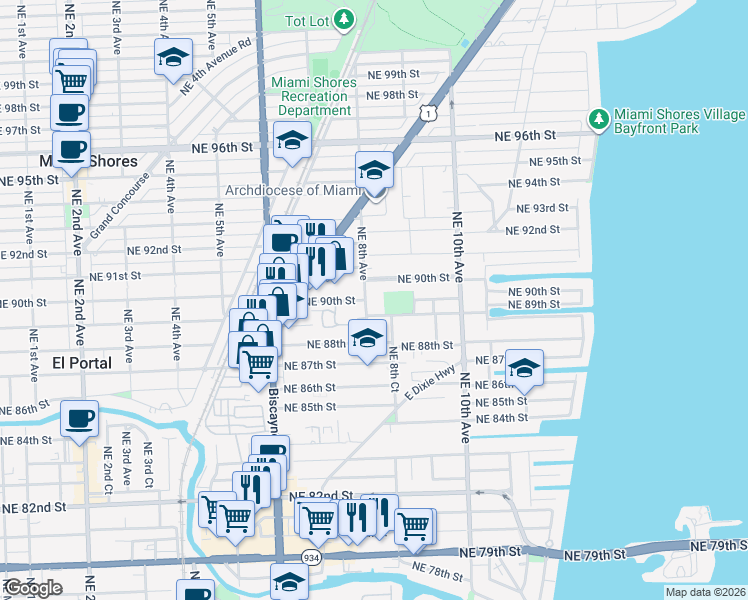 map of restaurants, bars, coffee shops, grocery stores, and more near 9022 Northeast 8th Avenue in Miami