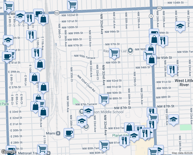 map of restaurants, bars, coffee shops, grocery stores, and more near 9300 Northwest 32nd Court in Miami