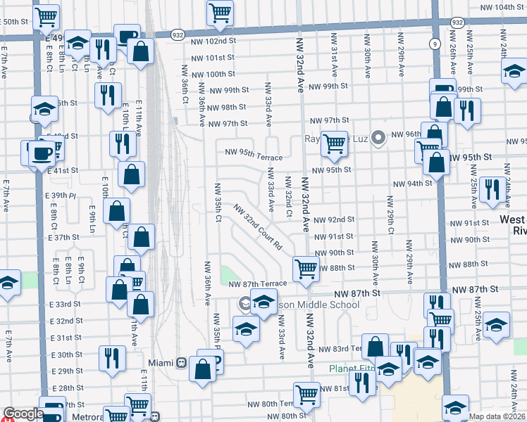 map of restaurants, bars, coffee shops, grocery stores, and more near 9321 Northwest 33rd Court in Miami