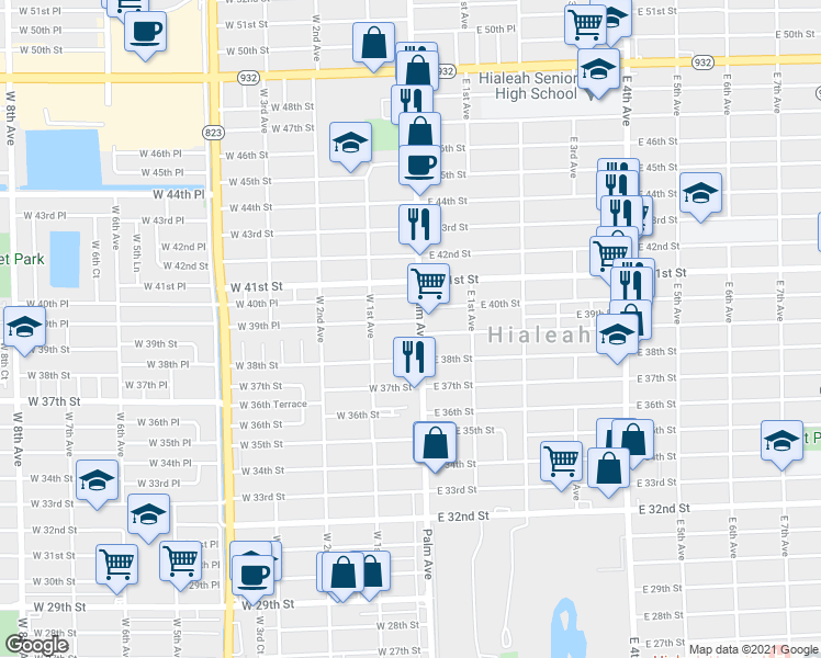 map of restaurants, bars, coffee shops, grocery stores, and more near 3984 Palm Avenue in Hialeah