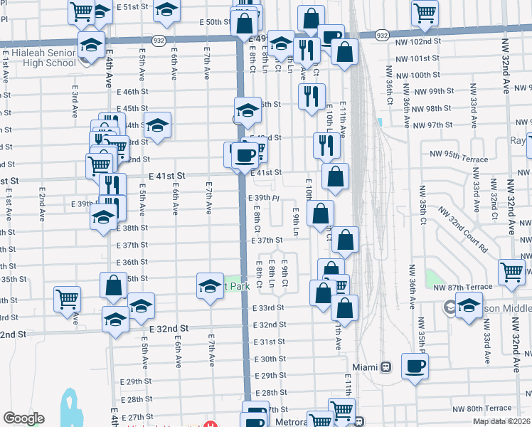 map of restaurants, bars, coffee shops, grocery stores, and more near 870 East 39th Place in Hialeah