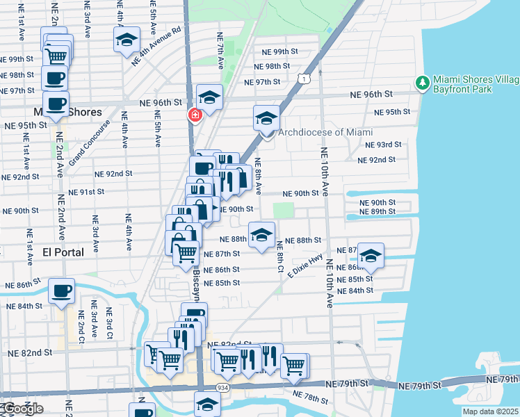 map of restaurants, bars, coffee shops, grocery stores, and more near 9005 Northeast 8th Avenue in Miami Shores
