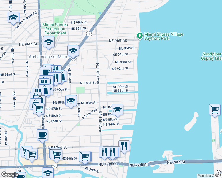 map of restaurants, bars, coffee shops, grocery stores, and more near 1101 Northeast 90th Street in Miami
