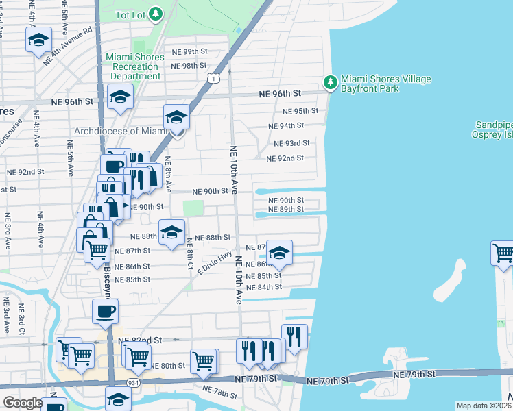 map of restaurants, bars, coffee shops, grocery stores, and more near 1101 Northeast 90th Street in Miami