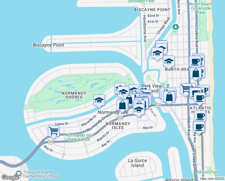 map of restaurants, bars, coffee shops, grocery stores, and more near 195 South Shore Drive in Miami Beach