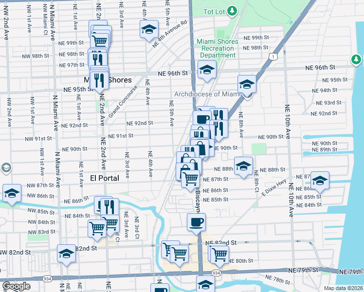 map of restaurants, bars, coffee shops, grocery stores, and more near 506 Northeast 91st Street in Miami Shores