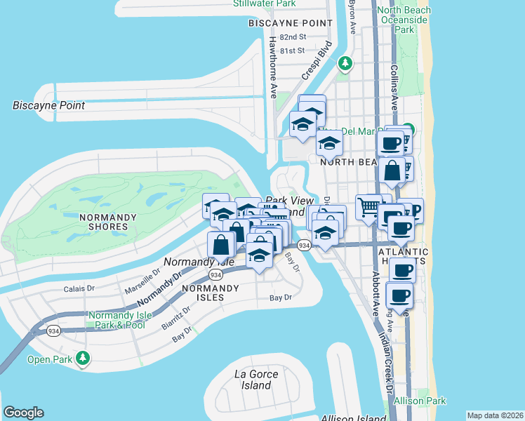 map of restaurants, bars, coffee shops, grocery stores, and more near 7356 Gary Avenue in Miami Beach