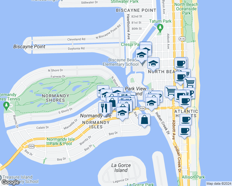 map of restaurants, bars, coffee shops, grocery stores, and more near 85 North Shore Drive in Miami Beach