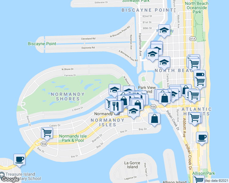 map of restaurants, bars, coffee shops, grocery stores, and more near 95 South Shore Drive in Miami