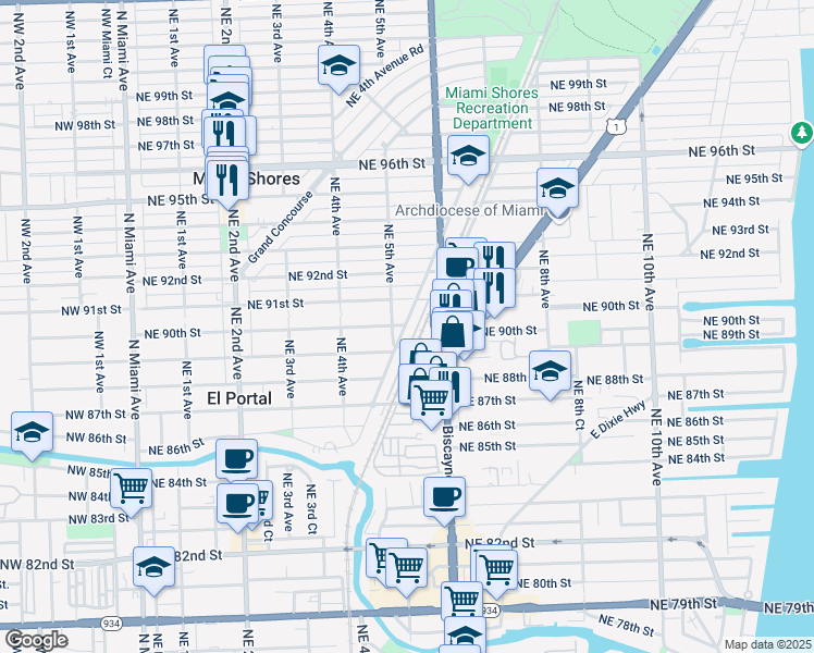 map of restaurants, bars, coffee shops, grocery stores, and more near 506 Northeast 91st Street in Miami Shores