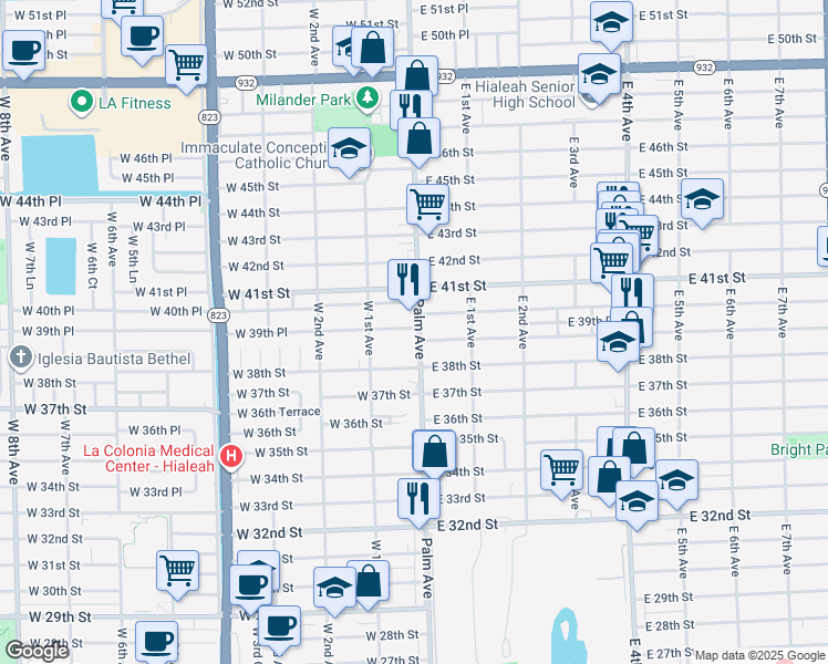 map of restaurants, bars, coffee shops, grocery stores, and more near 3940 Palm Avenue in Hialeah