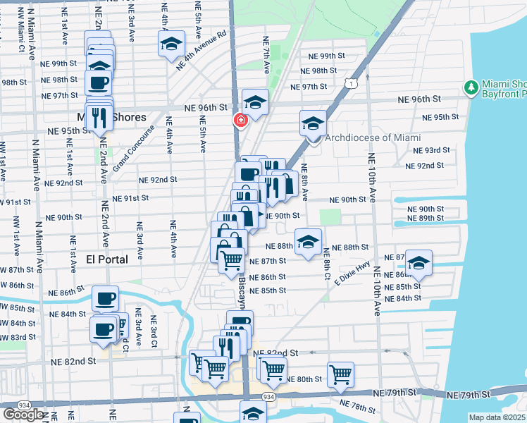 map of restaurants, bars, coffee shops, grocery stores, and more near 9005 Biscayne Boulevard in Miami