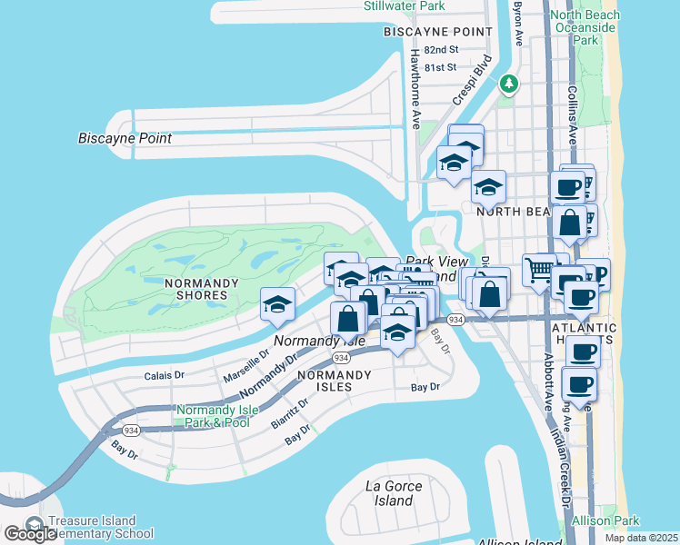 map of restaurants, bars, coffee shops, grocery stores, and more near 95 South Shore Drive in Miami