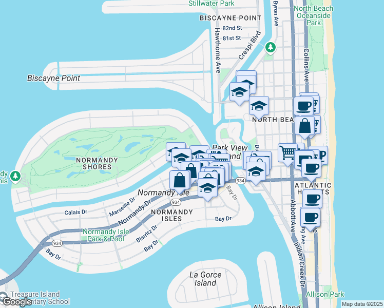 map of restaurants, bars, coffee shops, grocery stores, and more near 85 North Shore Drive in Miami Beach