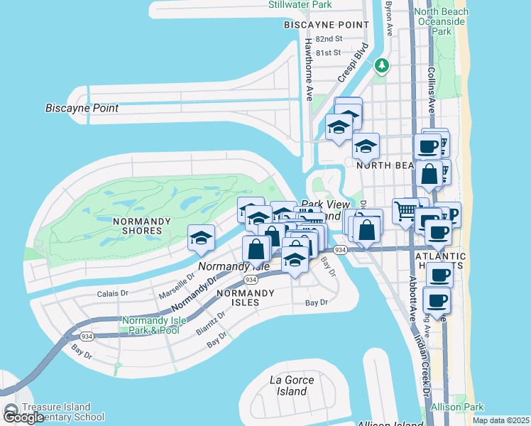 map of restaurants, bars, coffee shops, grocery stores, and more near 95 South Shore Drive in Miami