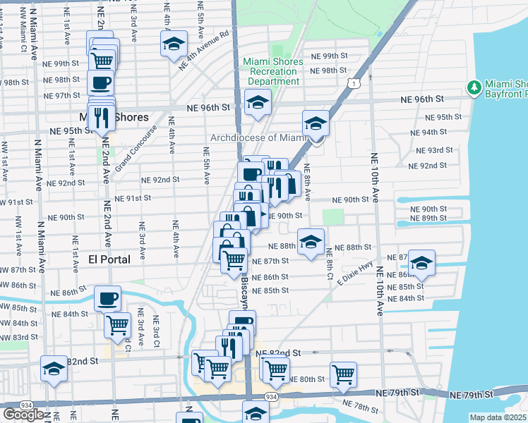 map of restaurants, bars, coffee shops, grocery stores, and more near 9050 Biscayne Boulevard in Miami Shores