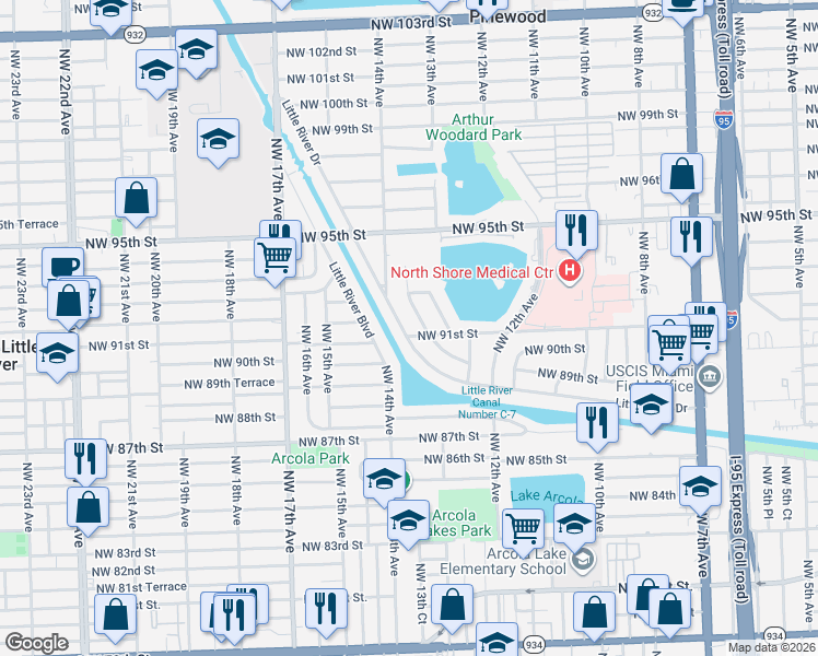 map of restaurants, bars, coffee shops, grocery stores, and more near 9140 Little River Drive in Miami