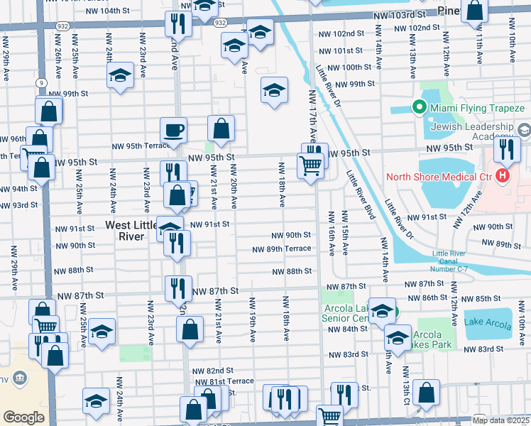 map of restaurants, bars, coffee shops, grocery stores, and more near 1851 Northwest 92nd Street in Miami