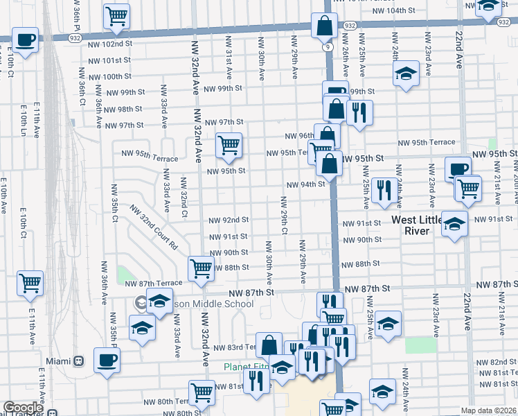 map of restaurants, bars, coffee shops, grocery stores, and more near 3035 Northwest 93rd Street in Miami