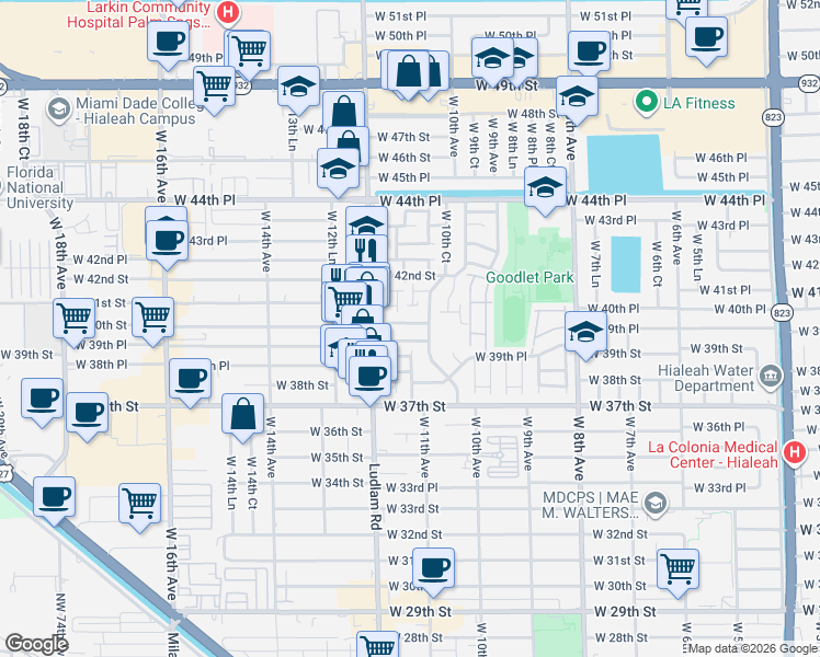 map of restaurants, bars, coffee shops, grocery stores, and more near 4071 West 11th Court in Hialeah