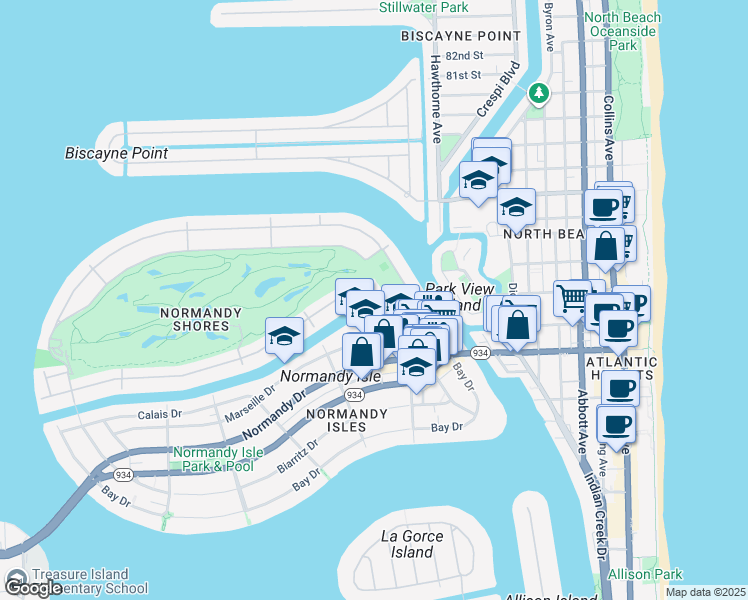 map of restaurants, bars, coffee shops, grocery stores, and more near 95 South Shore Drive in Miami