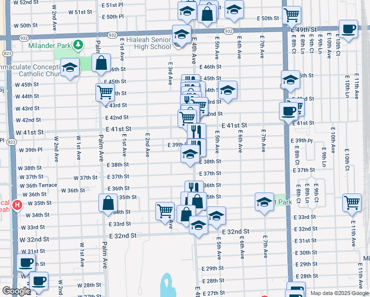 map of restaurants, bars, coffee shops, grocery stores, and more near 339 East 39th Place in Hialeah