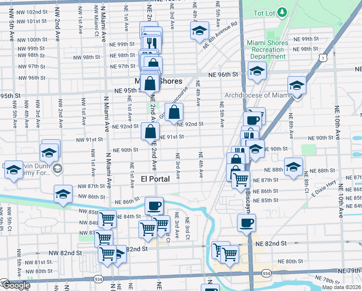 map of restaurants, bars, coffee shops, grocery stores, and more near 298 Northeast 91st Street in Miami Shores