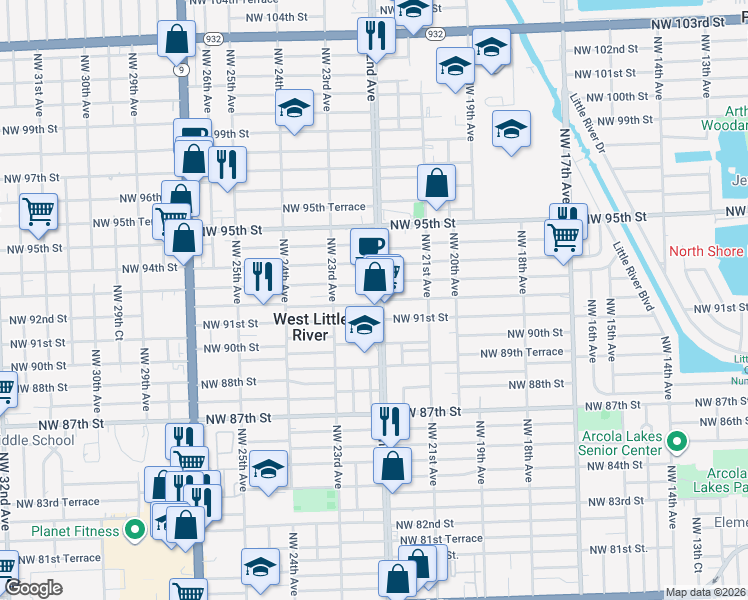 map of restaurants, bars, coffee shops, grocery stores, and more near 2250 Northwest 93rd Street in Miami