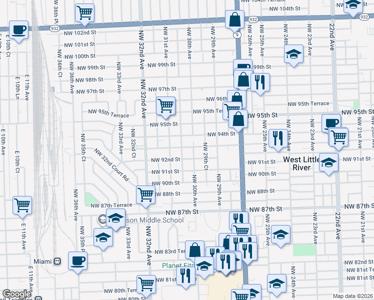 map of restaurants, bars, coffee shops, grocery stores, and more near 3035 Northwest 93rd Street in Miami