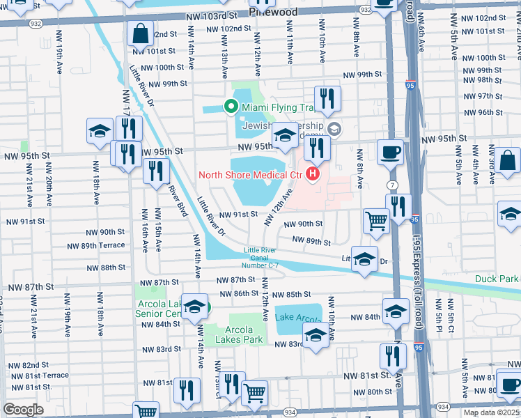 map of restaurants, bars, coffee shops, grocery stores, and more near 1235 Northwest 91st Street in Miami