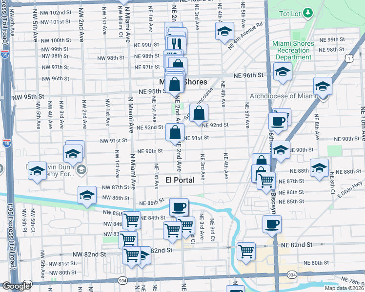 map of restaurants, bars, coffee shops, grocery stores, and more near 9055 Northeast 2nd Avenue in Miami Shores