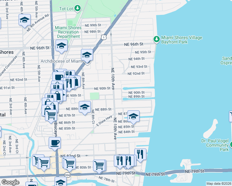 map of restaurants, bars, coffee shops, grocery stores, and more near 1020 Northeast 90th Street in Miami Shores