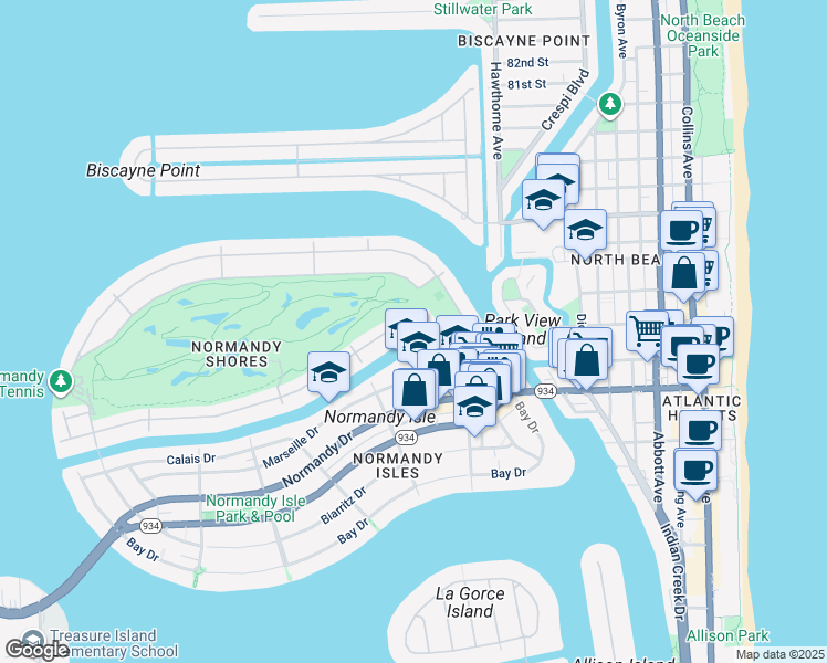 map of restaurants, bars, coffee shops, grocery stores, and more near 95 South Shore Drive in Miami