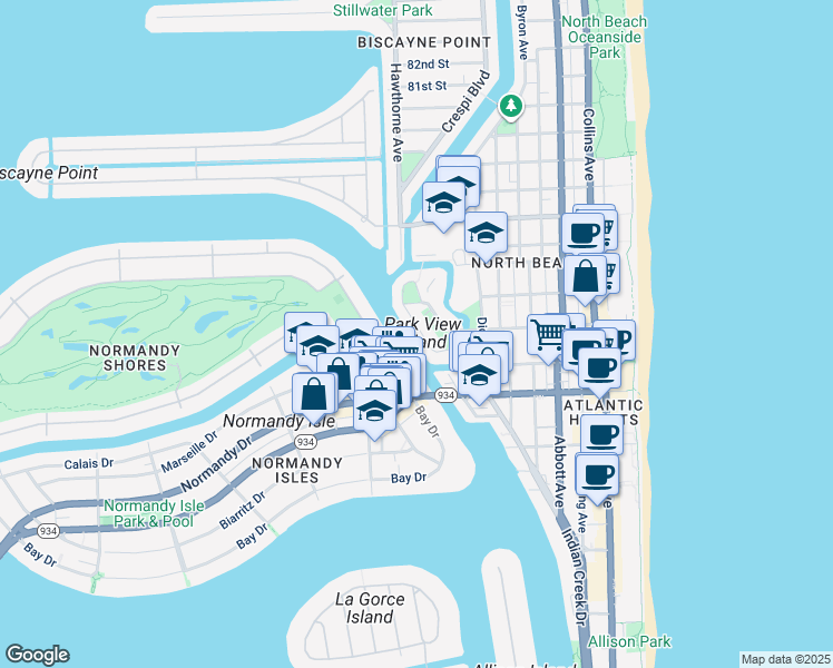 map of restaurants, bars, coffee shops, grocery stores, and more near 7356 Gary Avenue in Miami Beach