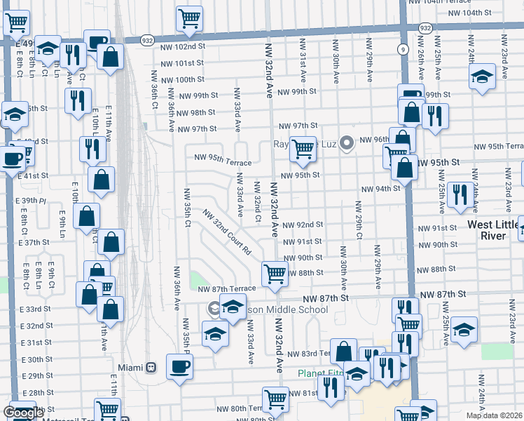 map of restaurants, bars, coffee shops, grocery stores, and more near 9300 Northwest 32nd Court in Miami