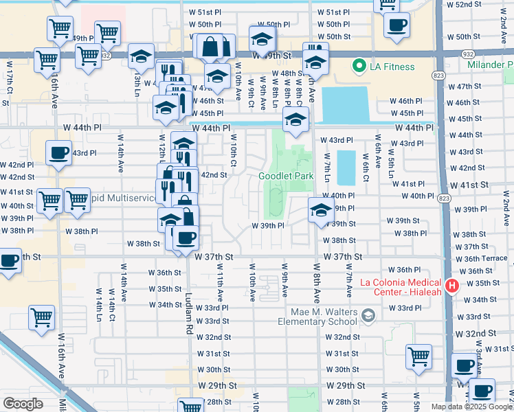 map of restaurants, bars, coffee shops, grocery stores, and more near 4051 West 9th Lane in Hialeah