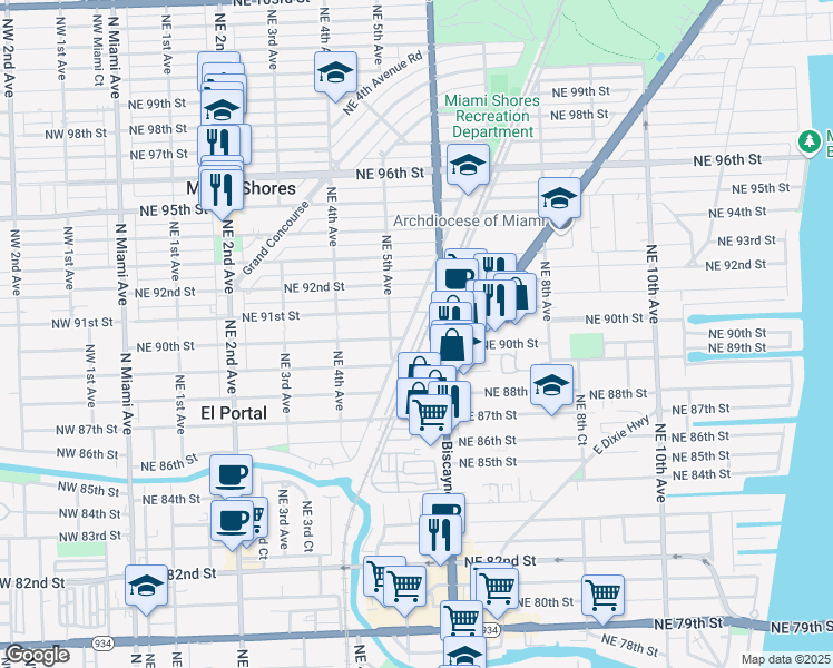 map of restaurants, bars, coffee shops, grocery stores, and more near 9080 Northeast 6th Avenue in Miami Shores