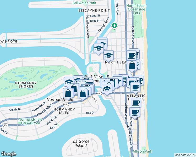 map of restaurants, bars, coffee shops, grocery stores, and more near 7300 Wayne Avenue in Miami