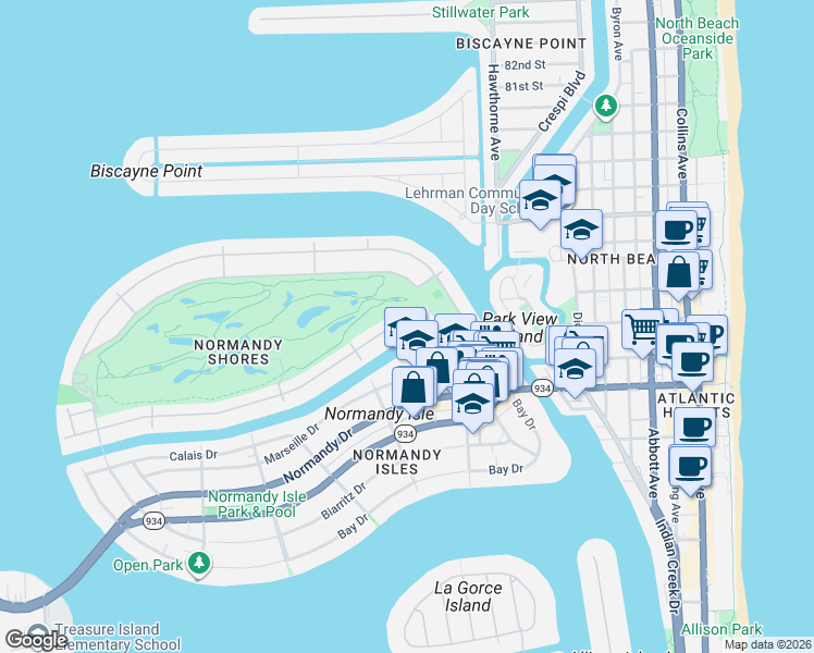 map of restaurants, bars, coffee shops, grocery stores, and more near 95 South Shore Drive in Miami