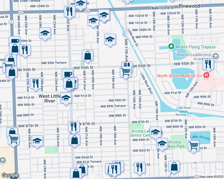 map of restaurants, bars, coffee shops, grocery stores, and more near 1799 Northwest 92nd Street in Miami