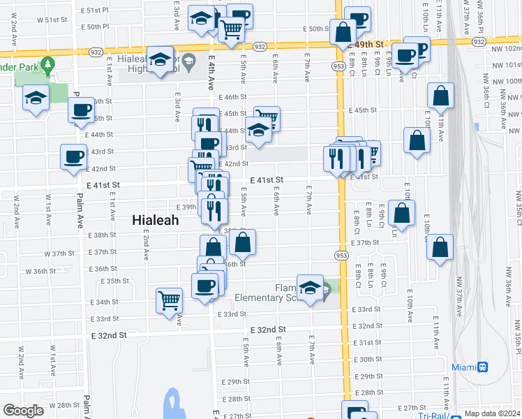 map of restaurants, bars, coffee shops, grocery stores, and more near 580 East 40th Street in Hialeah