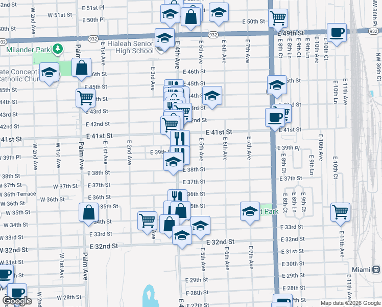 map of restaurants, bars, coffee shops, grocery stores, and more near 422-424 East 40th Street in Hialeah