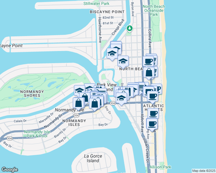 map of restaurants, bars, coffee shops, grocery stores, and more near 7300 Wayne Avenue in Miami